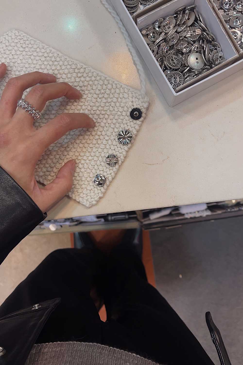 choosing-buttons-for-cable-sweater-knit-picks-bare-woodland-gauge-swatch