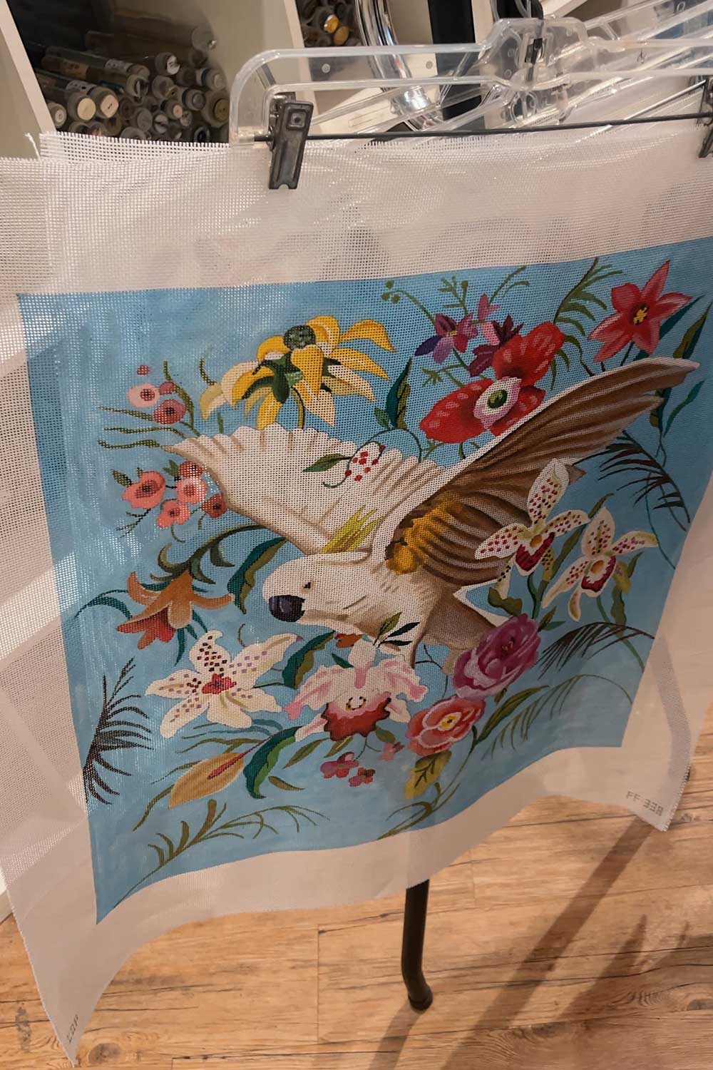 cockatoo-needlepoint-canvas-at-annie-&-co-needlepoint-and-yarn-shop-in-nyc