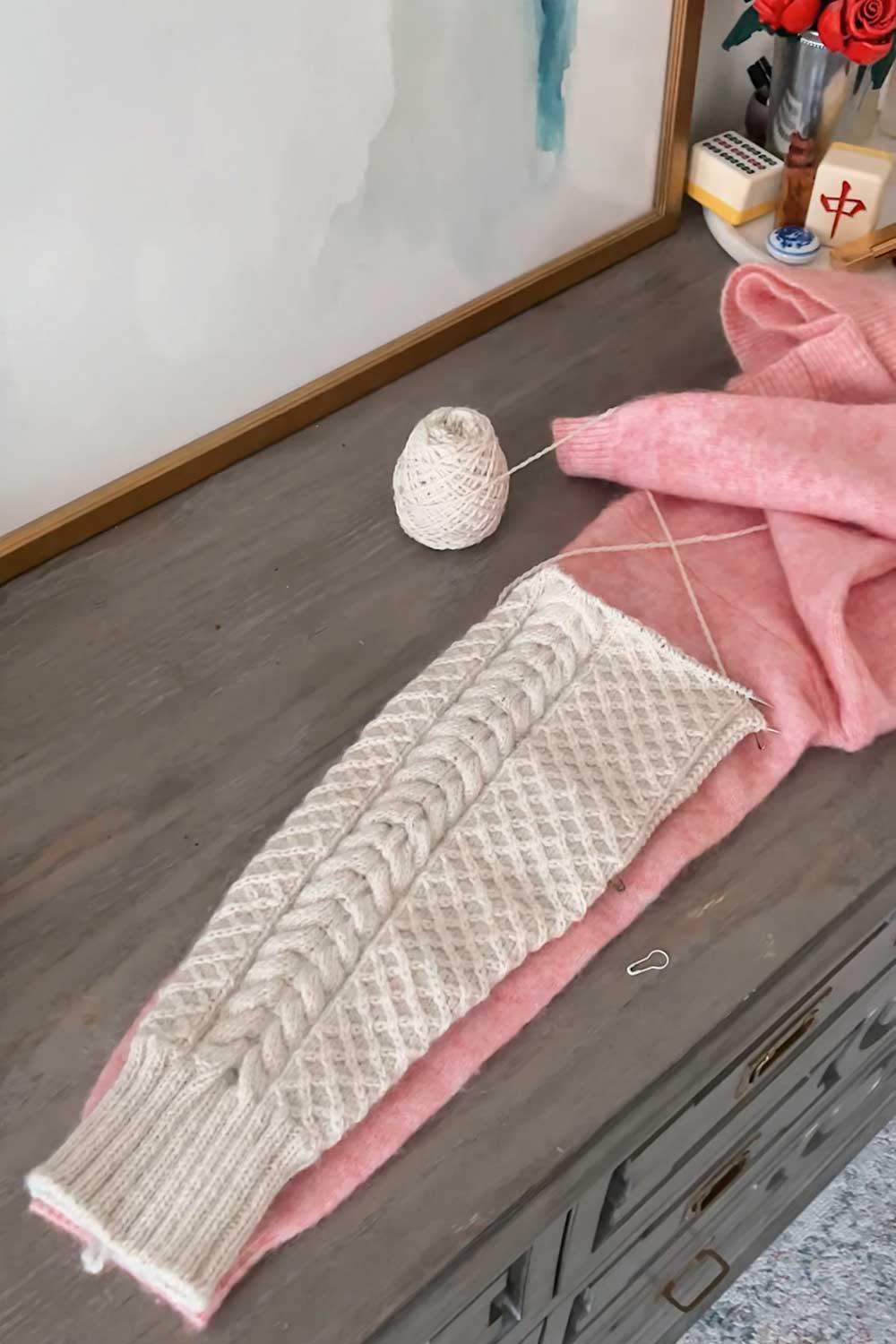 first-cabled-sleeve-of-haraboji-cardigan-knit-with-knit-picks-woodland-yarn